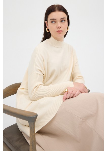 Ekru Balıkçı Yaka Triko Tunik 5315
