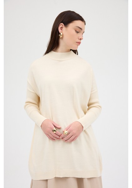 Ekru Balıkçı Yaka Triko Tunik 5315