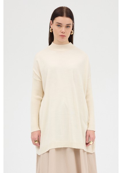 Ekru Balıkçı Yaka Triko Tunik 5315