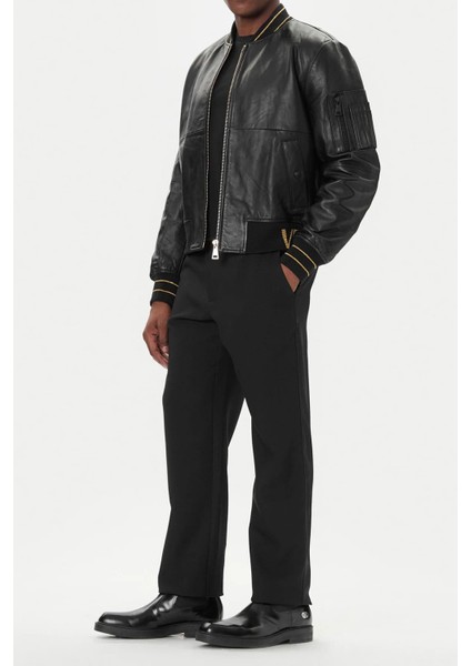 Erkek Regular Fit Altın Jakarlı Ribanalı Deri Bomber Ceket - Siyah modelleri