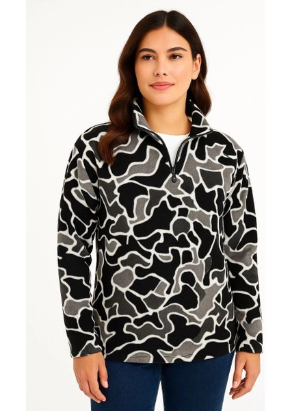 Kadın Yarım Fermuarlı Desenli Polar Sweat Yakalı, Uzun Kollu, Oversize Rahat Kalıp - Siyah