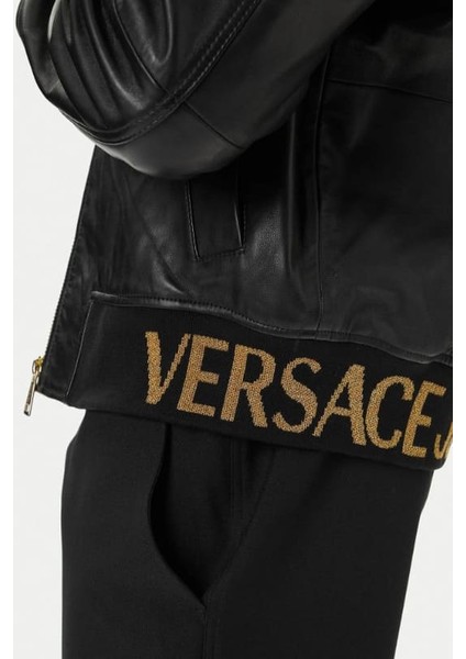 Erkek Regular Fit Altın Jakarlı Ribanalı Deri Bomber Ceket - Siyah indirimleri