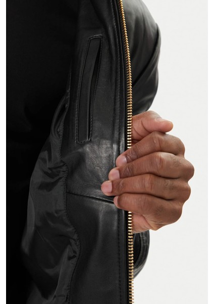 Erkek Regular Fit Altın Jakarlı Ribanalı Deri Bomber Ceket - Siyah