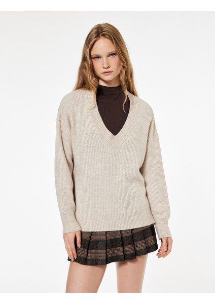 Uzun Kollu V Yaka Basic Triko Kazak fırsatları