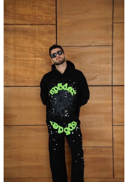 Erkek Kapüşonlu Eşofman Takım Örümcek Ağı ve Neon Yeşil Baskılı Kanguru Cepli Oversize Rahat Kalıp, Premium Üç Iplik Kumaş - Siyah fırsatları