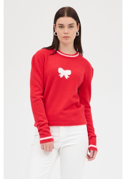 Kırmızı Bisiklet Yaka Kurdele Detaylı Kadın Kazak 2359 fiyatları