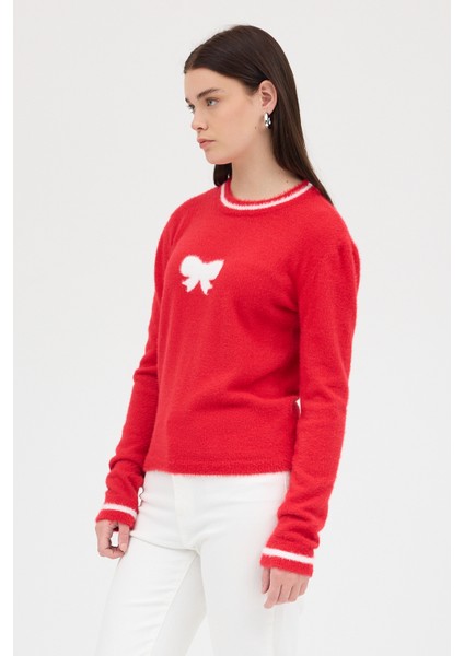 Kırmızı Bisiklet Yaka Kurdele Detaylı Kadın Kazak 2359