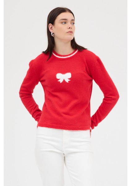 Kırmızı Bisiklet Yaka Kurdele Detaylı Kadın Kazak 2359