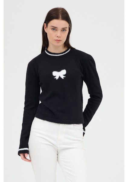 Siyah Bisiklet Yaka Kurdele Detaylı Kadın Kazak 2359 fiyatları