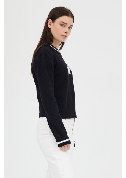 Siyah Bisiklet Yaka Kurdele Detaylı Kadın Kazak 2359 modelleri