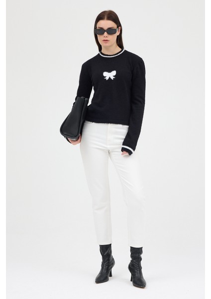 Siyah Bisiklet Yaka Kurdele Detaylı Kadın Kazak 2359 fırsatları