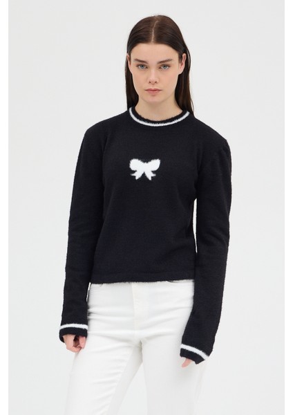 Siyah Bisiklet Yaka Kurdele Detaylı Kadın Kazak 2359