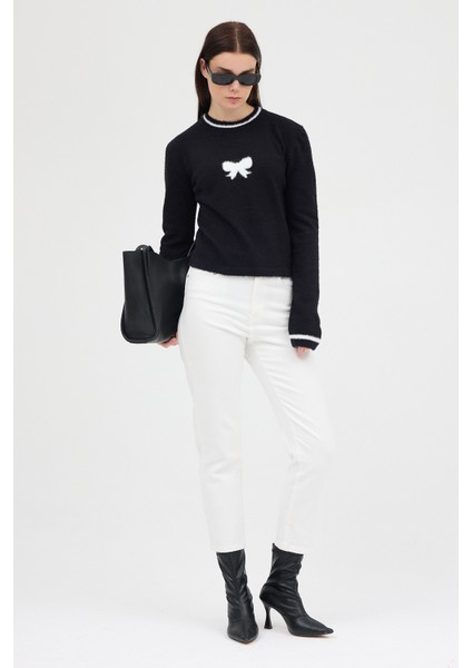 Siyah Bisiklet Yaka Kurdele Detaylı Kadın Kazak 2359