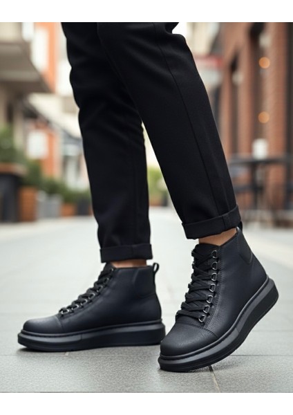 Bağcıklı Erkek Sneaker Bot Siyah (Siyah Taban)