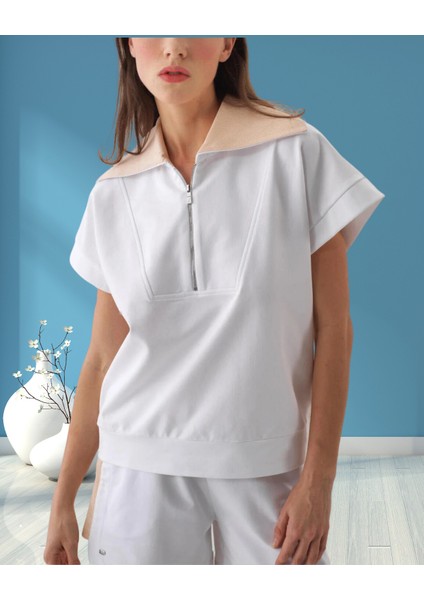 xint Kadın Oversize Yarım Fermuarlı Geniş Renkli Yakalı Örme Pamuklu Kısa Kollu Sweatshırt