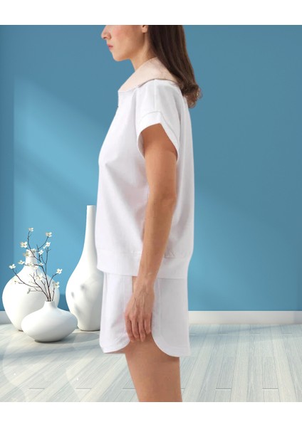 xint Kadın Oversize Yarım Fermuarlı Geniş Renkli Yakalı Örme Pamuklu Kısa Kollu Sweatshırt modelleri