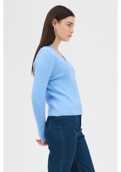 Bebe Mavi V Yaka Triko Kadın Kazak 2217 modelleri