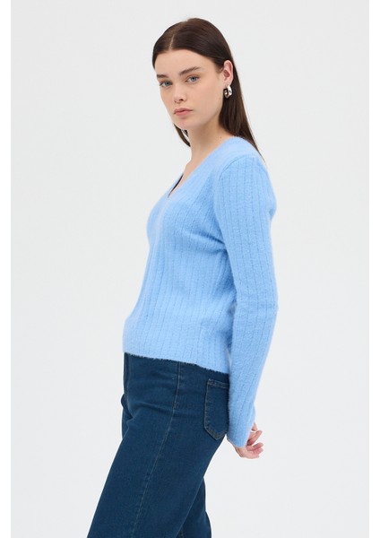 Bebe Mavi V Yaka Triko Kadın Kazak 2217