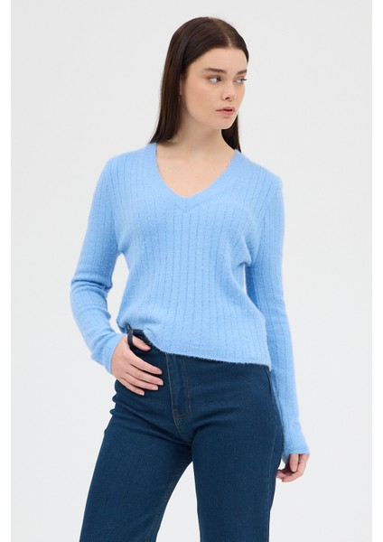 Bebe Mavi V Yaka Triko Kadın Kazak 2217
