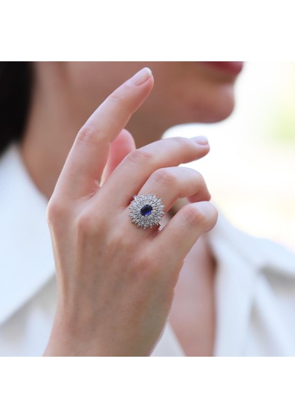Ortası Safir Taşlı Elips Mekik Gümüş Yüzük fırsatları