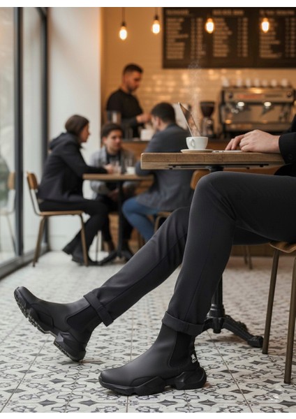 BA0444 Bağcıksız Rahat Yüksek Taban Siyah Erkek Spor Yarım Bilek Bot modelleri