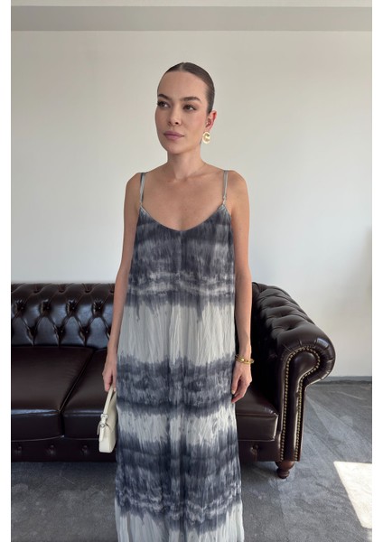 Askılı Desenli Şifon Elbise- Haki