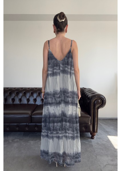 Askılı Desenli Şifon Elbise- Haki