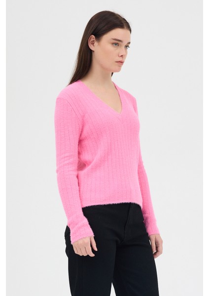 Pembe V Yaka Triko Kadın Kazak 2217 modelleri