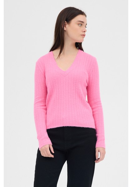 Pembe V Yaka Triko Kadın Kazak 2217