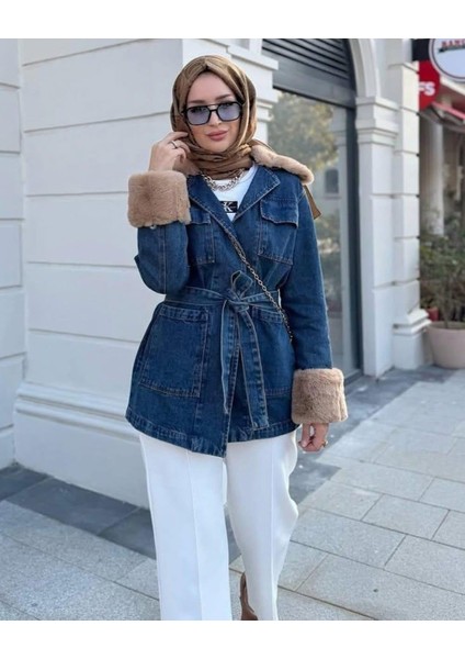 Kadın Kemerli Cepli Kürk Detaylı Kot Mavi Ceket fiyatları