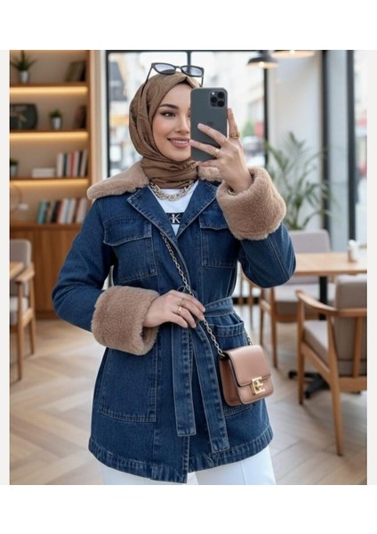 Kadın Kemerli Cepli Kürk Detaylı Kot Mavi Ceket modelleri
