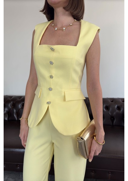 Inci Taş Düğmeli Itahal Premium Takım- Sarı