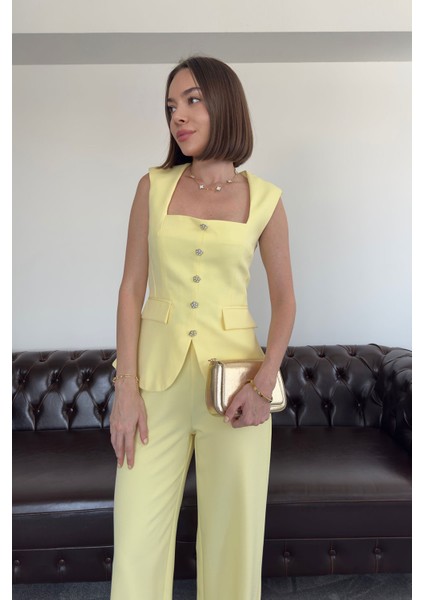 Inci Taş Düğmeli Itahal Premium Takım- Sarı