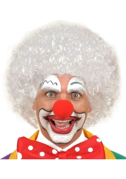 Beyaz Renk Kıvırcık Afro Bonus Peruk Saç ve Kırmızı Sünger Burun Seti fiyatları