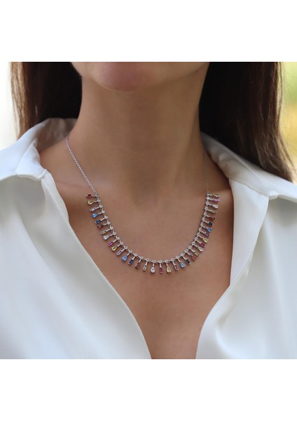 Renkli Trend Taşlı Gümüş Kolye