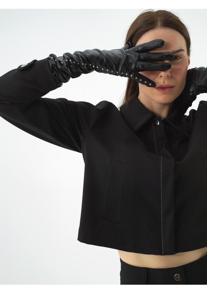 Kadın Siyah Esnek Dokulu Oversize Ceket