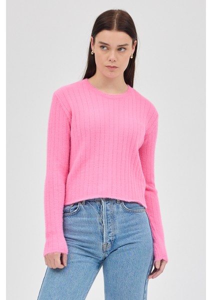 Pembe Bisiklet Yaka Uzun Kol Kadın Kazak 2412