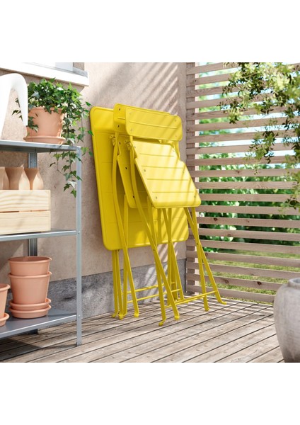 Sundso Katlanabilir Masa ve Katlanabilir Sandalye Seti Parlak Sarı 65 x 65 cm Mindersiz 2 Sandalyeli Kare