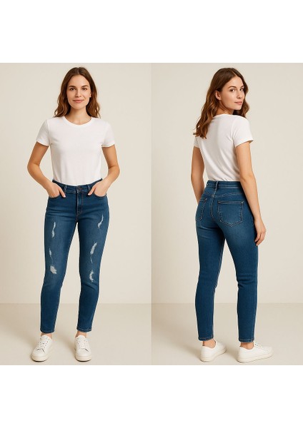 Enimon Lazerli Yırtık Denim Tayt Pantolon