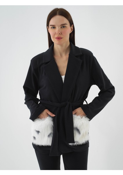 Kadın Lacivert Modal Dokulu Oversize Ceket