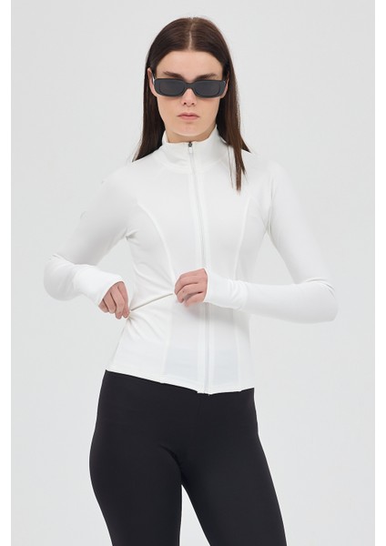 Ekru Fermuarlı Fit Kalıp Spor Sweat 3196