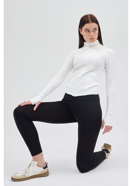 Ekru Fermuarlı Fit Kalıp Spor Sweat 3196