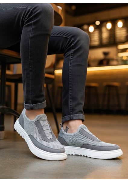 BA0911 Özel Örme Triko Deri Tozu Detaylı Gri Günlük Spor Ayakkabı