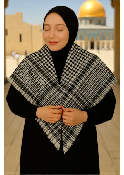 Kadın Erkek Kefiye Kare Desenli Pamuklu Filistin Puşi Şal - Siyah Beyaz