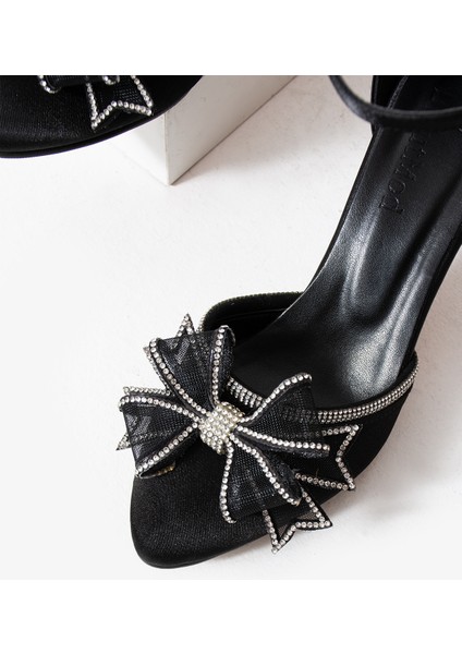 BA04592 Siyah Kadın Taşlı Fiyonklu 8 cm Topuklu Ayakkabı - 40 indirimleri