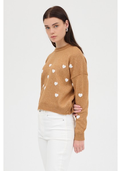 Taba Kalp Nakışlı Bisiklet Yaka Crop Kazak 2337 fiyatları