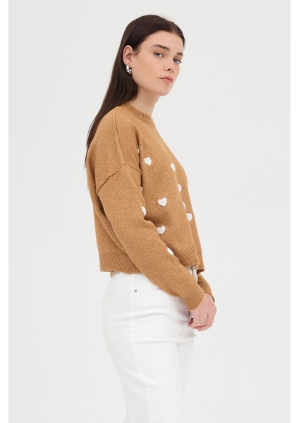 Taba Kalp Nakışlı Bisiklet Yaka Crop Kazak 2337 modelleri