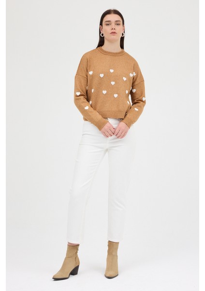 Taba Kalp Nakışlı Bisiklet Yaka Crop Kazak 2337 fırsatları