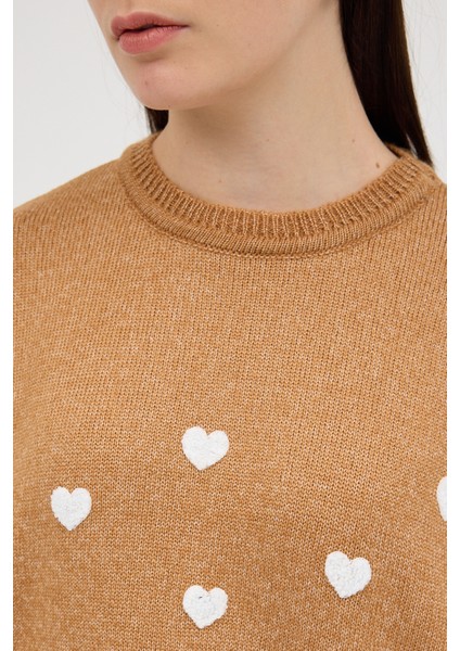 Taba Kalp Nakışlı Bisiklet Yaka Crop Kazak 2337 indirimleri