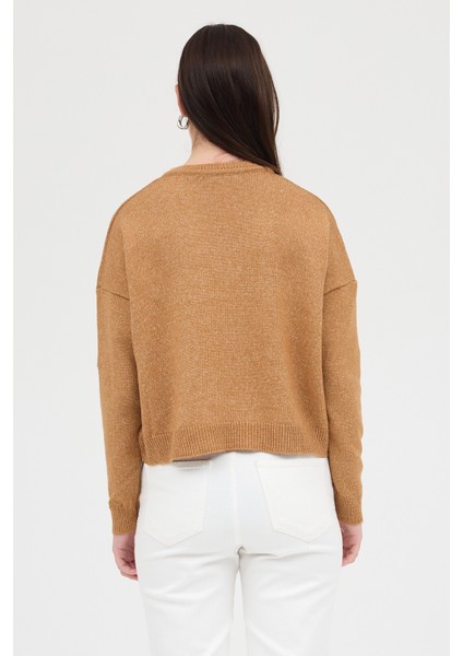 Taba Kalp Nakışlı Bisiklet Yaka Crop Kazak 2337